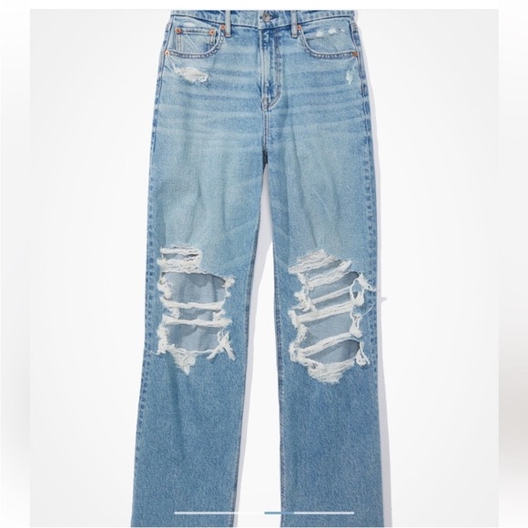 AE Stretch Curvy Super High-Waisted Baggy Straight Blue Jeans - Picture 2 of 7